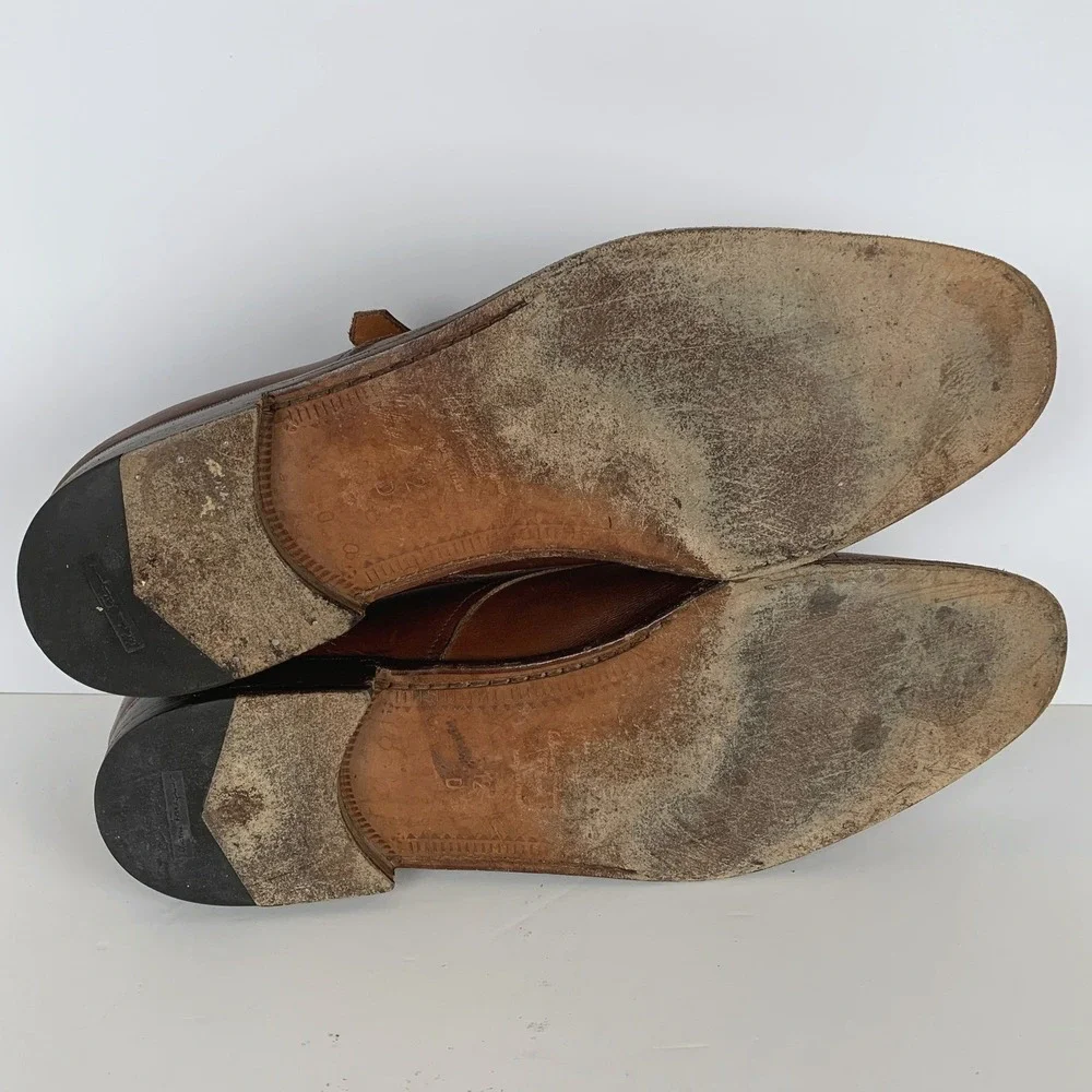 SALVATORE FERRAGAMO Leather Double Monk Strap Cap Toe Shoes 12 D Brown Italy